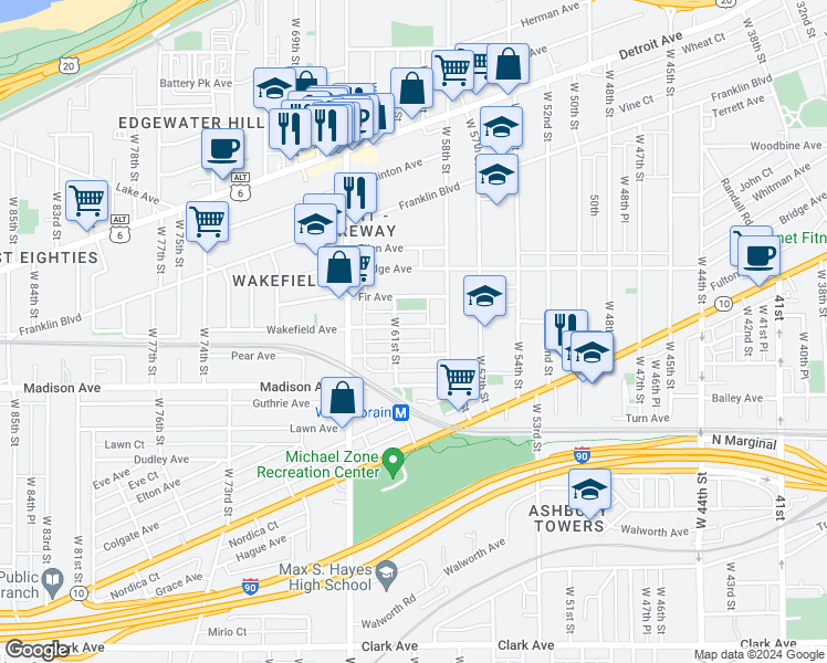 map of restaurants, bars, coffee shops, grocery stores, and more near 6009 Wakefield Avenue in Cleveland