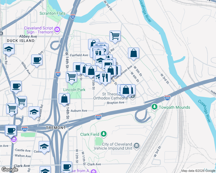 map of restaurants, bars, coffee shops, grocery stores, and more near 859 Jefferson Avenue in Cleveland