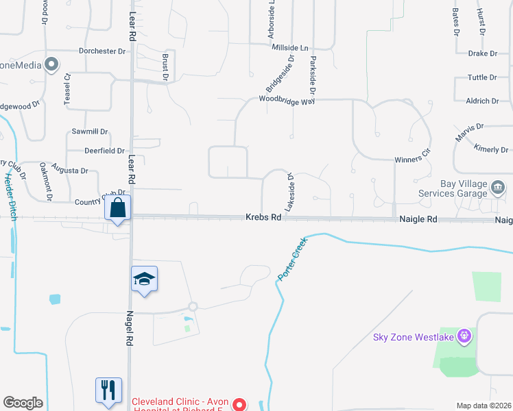 map of restaurants, bars, coffee shops, grocery stores, and more near 764 Lakeside Drive in Avon Lake