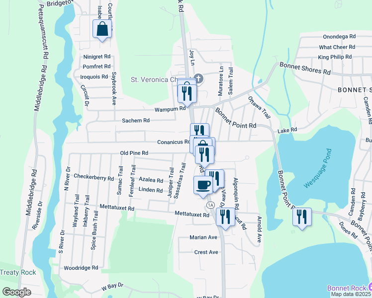 map of restaurants, bars, coffee shops, grocery stores, and more near 19 Conanicus Road in Narragansett