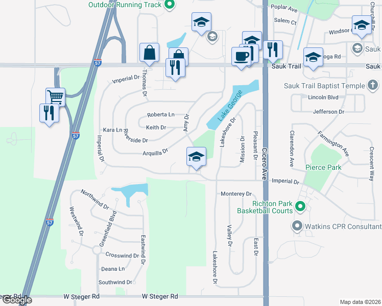 map of restaurants, bars, coffee shops, grocery stores, and more near 22600 Amy Drive in Richton Park
