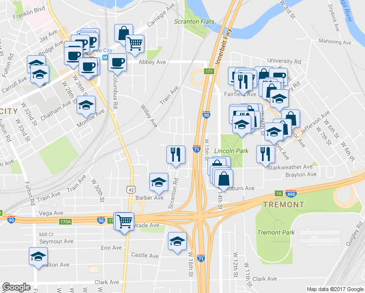 map of restaurants, bars, coffee shops, grocery stores, and more near Scranton Road in Cleveland