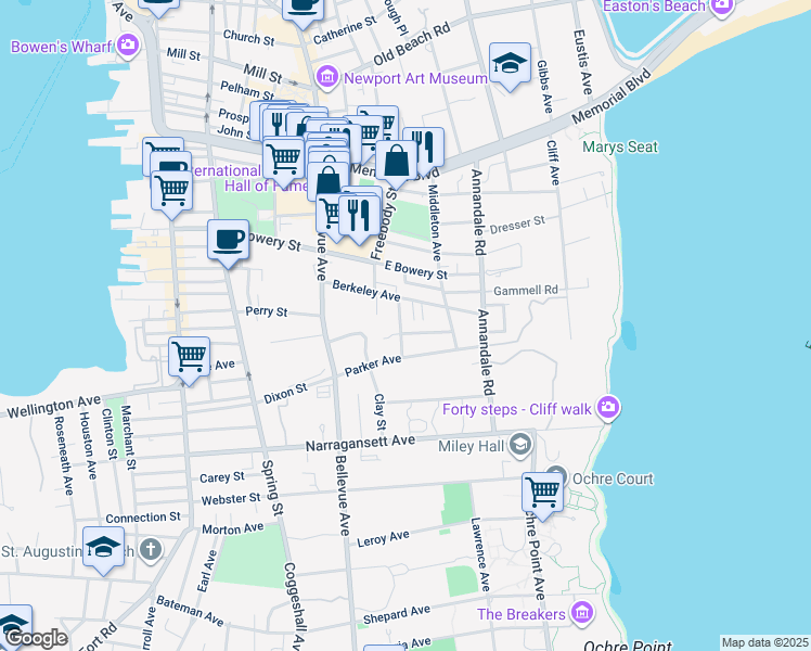 map of restaurants, bars, coffee shops, grocery stores, and more near 27 Berkeley Avenue in Newport