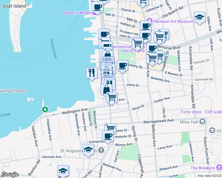 map of restaurants, bars, coffee shops, grocery stores, and more near 501 Thames Street in Newport