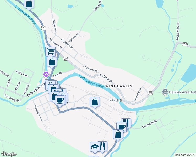 map of restaurants, bars, coffee shops, grocery stores, and more near 555 Prospect Street in Hawley