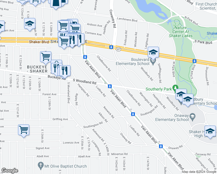 map of restaurants, bars, coffee shops, grocery stores, and more near 2935 Van Aken Boulevard in Cleveland