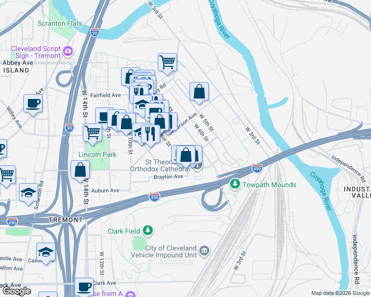 map of restaurants, bars, coffee shops, grocery stores, and more near 2464 West 7th Street in Cleveland