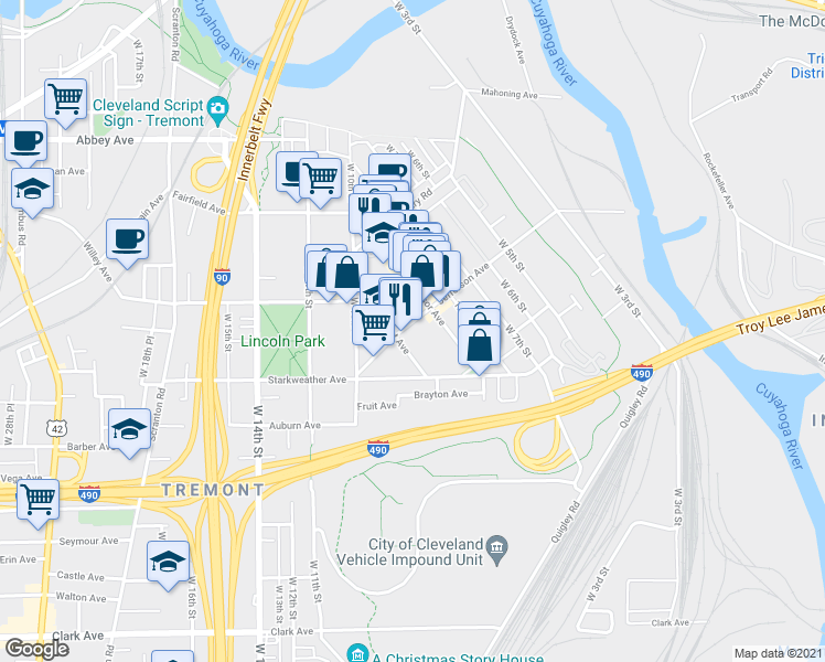 map of restaurants, bars, coffee shops, grocery stores, and more near 846 Jefferson Avenue in Cleveland