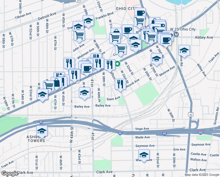 map of restaurants, bars, coffee shops, grocery stores, and more near 2106 Fulton Road in Cleveland