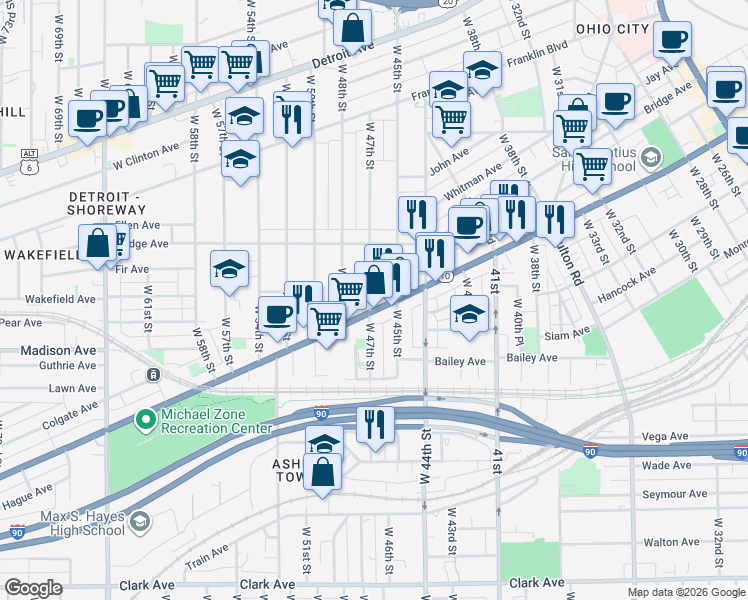 map of restaurants, bars, coffee shops, grocery stores, and more near 1959 West 47th Street in Cleveland
