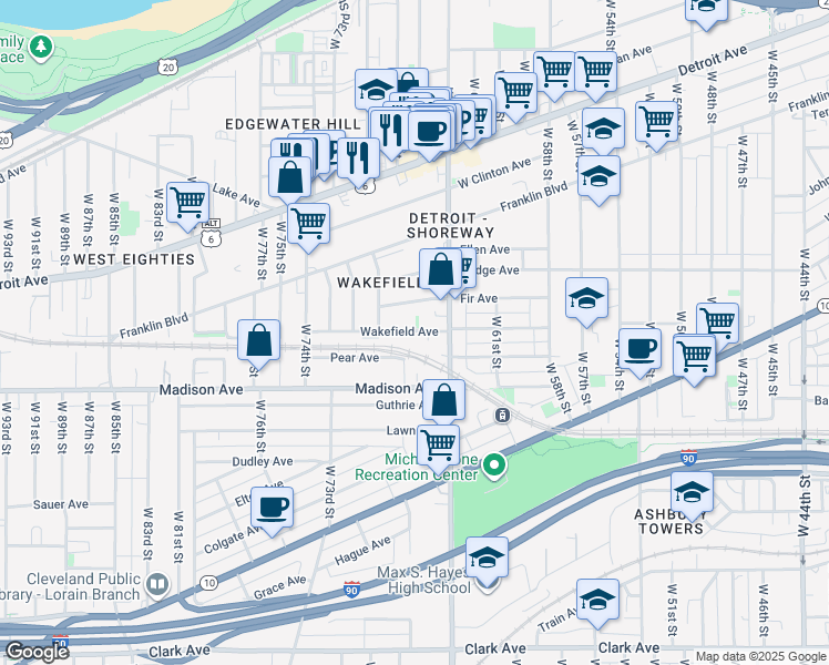 map of restaurants, bars, coffee shops, grocery stores, and more near 6711 Fir Avenue in Cleveland