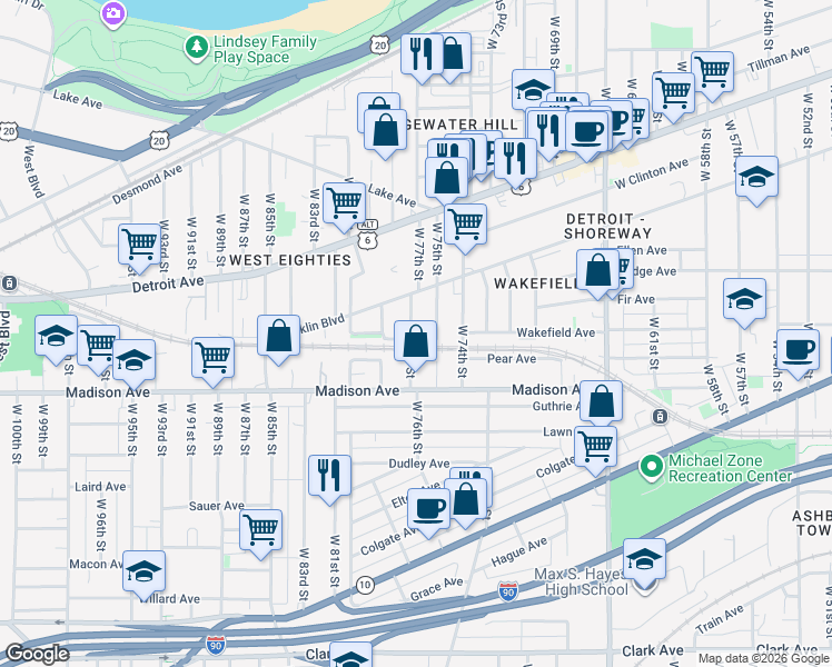map of restaurants, bars, coffee shops, grocery stores, and more near 1914 West 77th Street in Cleveland
