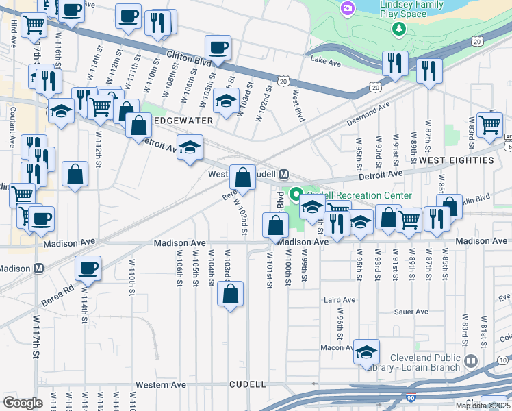 map of restaurants, bars, coffee shops, grocery stores, and more near 1414 West 101st Street in Cleveland