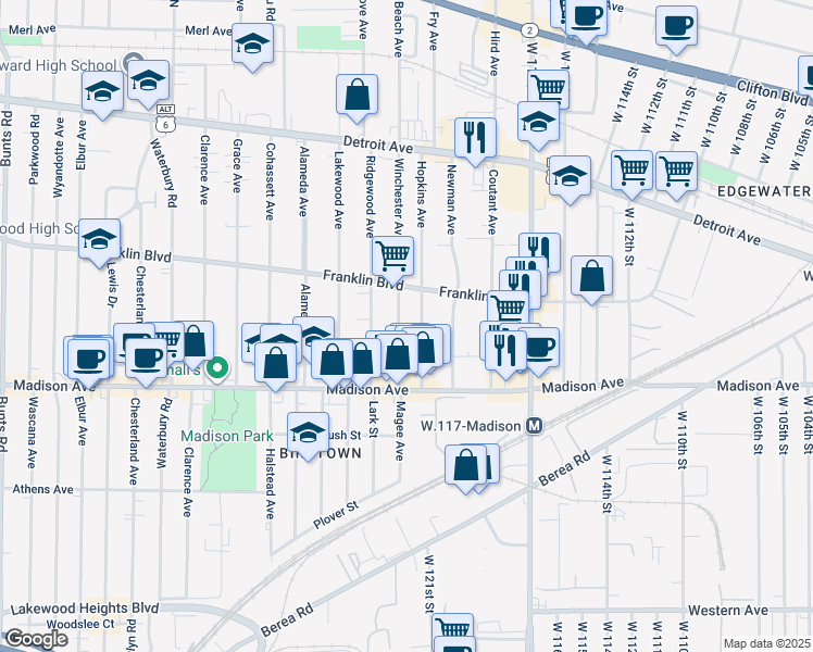 map of restaurants, bars, coffee shops, grocery stores, and more near 1563 Winchester Avenue in Lakewood