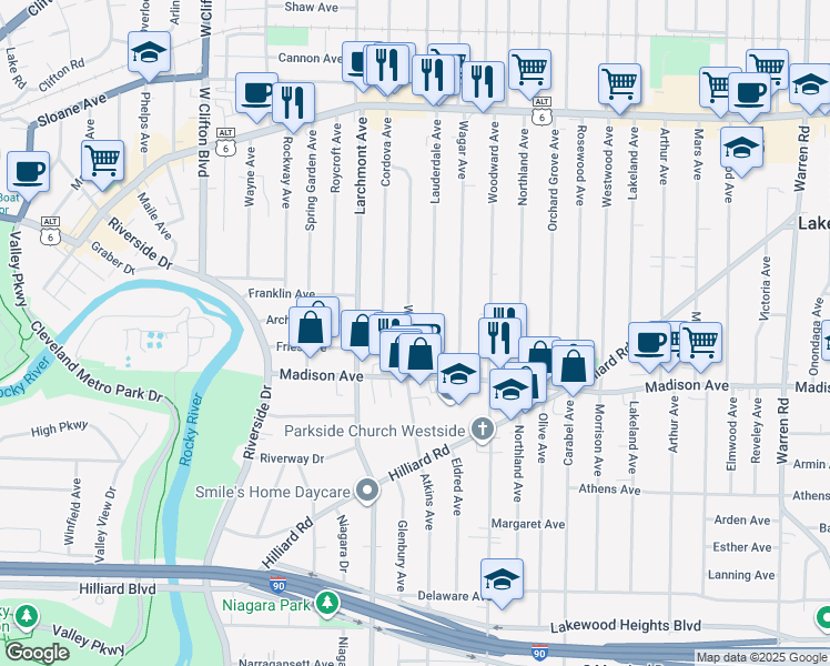 map of restaurants, bars, coffee shops, grocery stores, and more near 1609 Winton Avenue in Lakewood