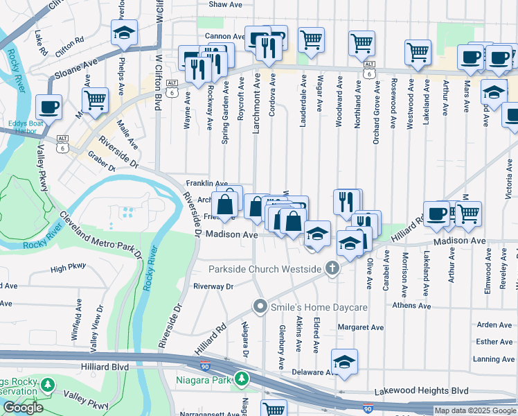 map of restaurants, bars, coffee shops, grocery stores, and more near 1612 Cordova Avenue in Lakewood