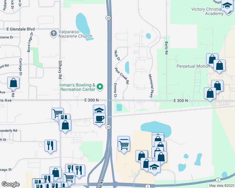 map of restaurants, bars, coffee shops, grocery stores, and more near 1202 Emma Court in Valparaiso