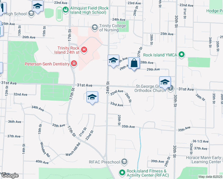 map of restaurants, bars, coffee shops, grocery stores, and more near 2502 29th Avenue in Rock Island