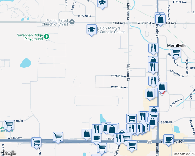 map of restaurants, bars, coffee shops, grocery stores, and more near 690 West 76th Avenue in Merrillville