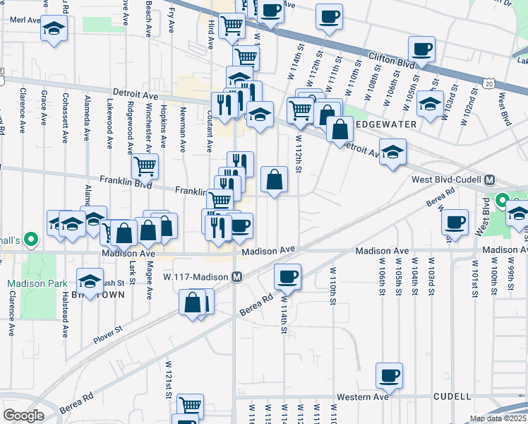 map of restaurants, bars, coffee shops, grocery stores, and more near 1920 West 115th Street in Cleveland