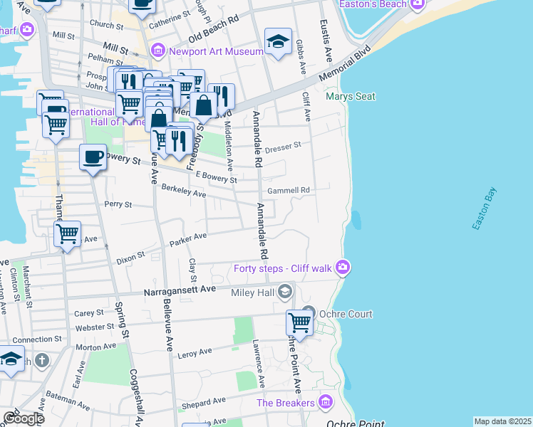 map of restaurants, bars, coffee shops, grocery stores, and more near 65 Annandale Road in Newport