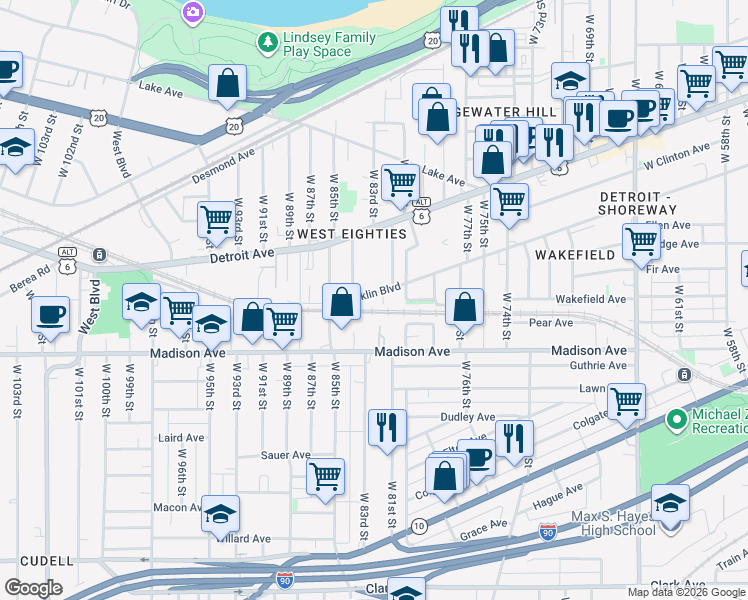 map of restaurants, bars, coffee shops, grocery stores, and more near in Cleveland