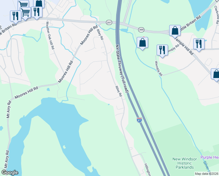 map of restaurants, bars, coffee shops, grocery stores, and more near 499 Riley Road in New Windsor
