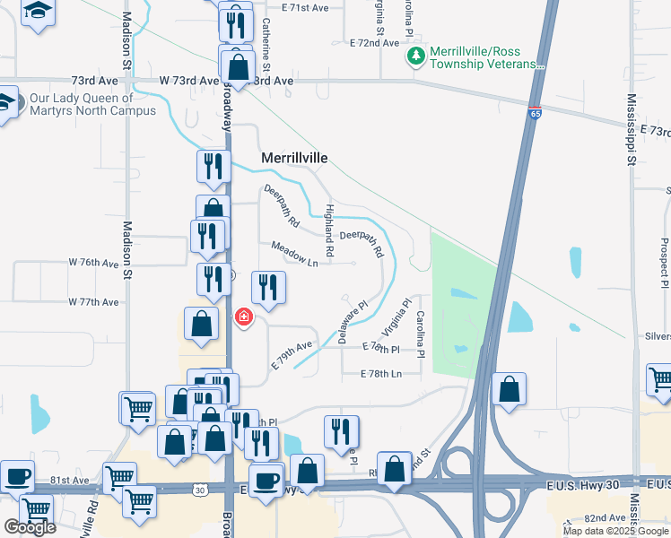 map of restaurants, bars, coffee shops, grocery stores, and more near 22 Meadow Lane in Merrillville