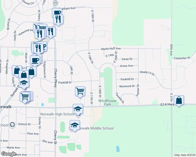 map of restaurants, bars, coffee shops, grocery stores, and more near 1127 East 18th Street in Norwalk