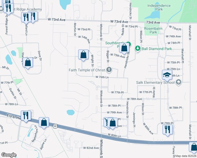 map of restaurants, bars, coffee shops, grocery stores, and more near 7601 Whitcomb Street in Merrillville
