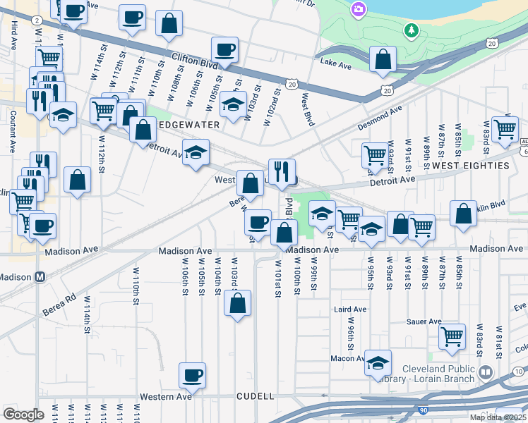 map of restaurants, bars, coffee shops, grocery stores, and more near 10119 Detroit Avenue in Cleveland