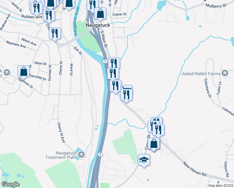 map of restaurants, bars, coffee shops, grocery stores, and more near 575 South Main Street in Naugatuck