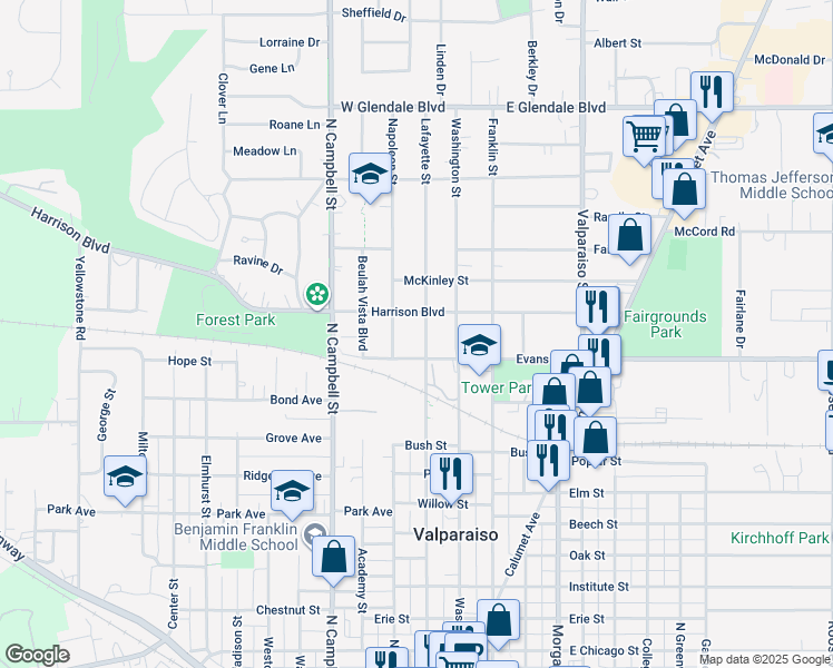 map of restaurants, bars, coffee shops, grocery stores, and more near 154 Harrison Blvd in Valparaiso