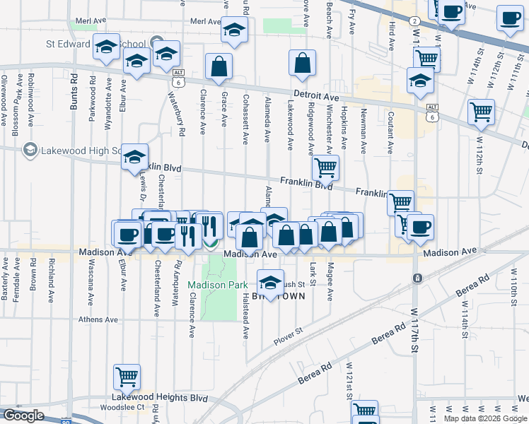 map of restaurants, bars, coffee shops, grocery stores, and more near 1581 Cohassett Avenue in Lakewood