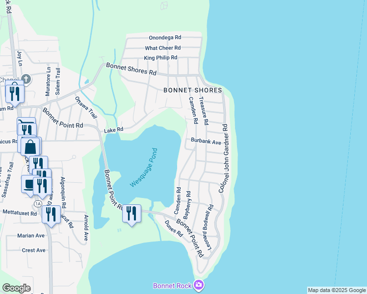 map of restaurants, bars, coffee shops, grocery stores, and more near 3 Branch Road in Narragansett