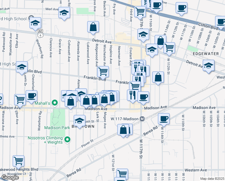 map of restaurants, bars, coffee shops, grocery stores, and more near 1583 Hopkins Avenue in Lakewood