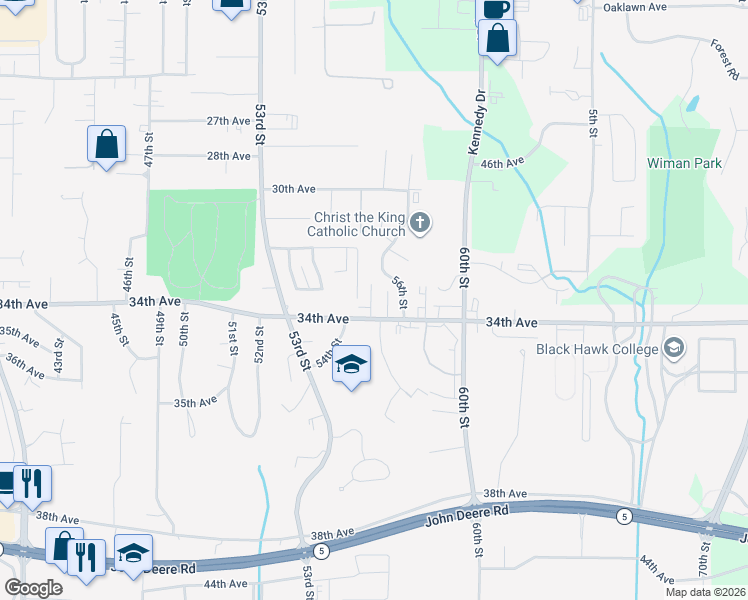 map of restaurants, bars, coffee shops, grocery stores, and more near 3223 56th Street in Moline
