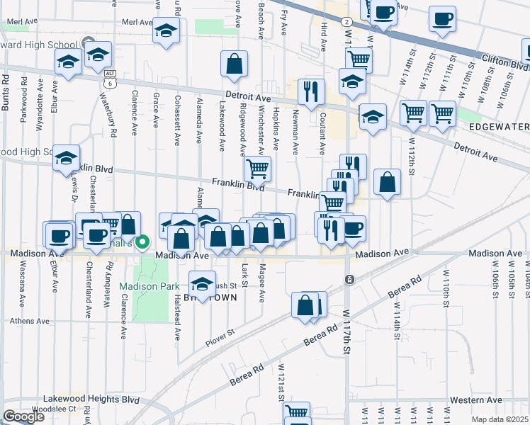 map of restaurants, bars, coffee shops, grocery stores, and more near 1587 Winchester Avenue in Lakewood