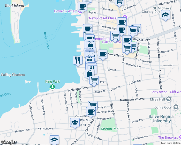map of restaurants, bars, coffee shops, grocery stores, and more near 501 Thames Street in Newport