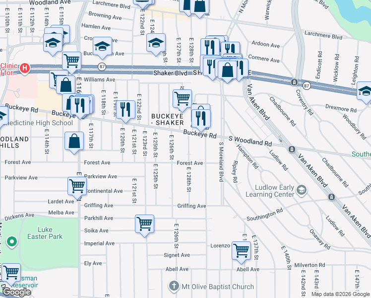 map of restaurants, bars, coffee shops, grocery stores, and more near 12704 Buckeye Road in Cleveland