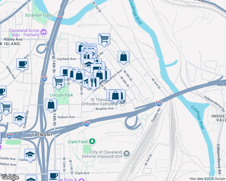 map of restaurants, bars, coffee shops, grocery stores, and more near 2464 West 7th Street in Cleveland