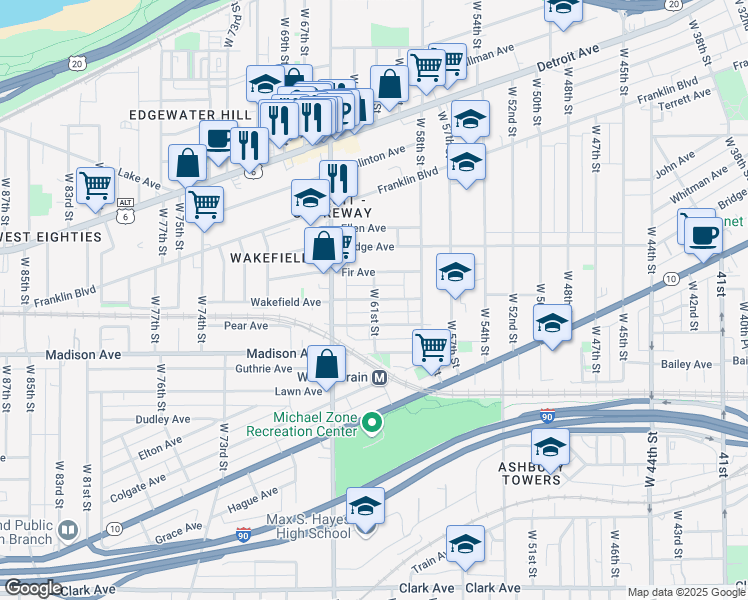 map of restaurants, bars, coffee shops, grocery stores, and more near 6205 Fir Avenue in Cleveland