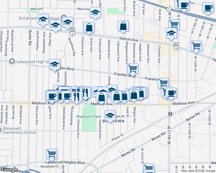 map of restaurants, bars, coffee shops, grocery stores, and more near 1581 Cohassett Avenue in Lakewood