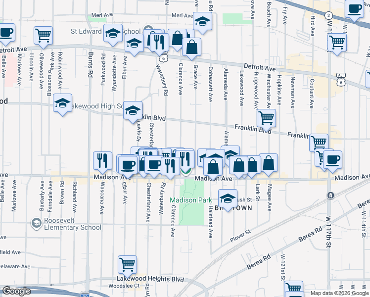 map of restaurants, bars, coffee shops, grocery stores, and more near 1589 Clarence Avenue in Lakewood