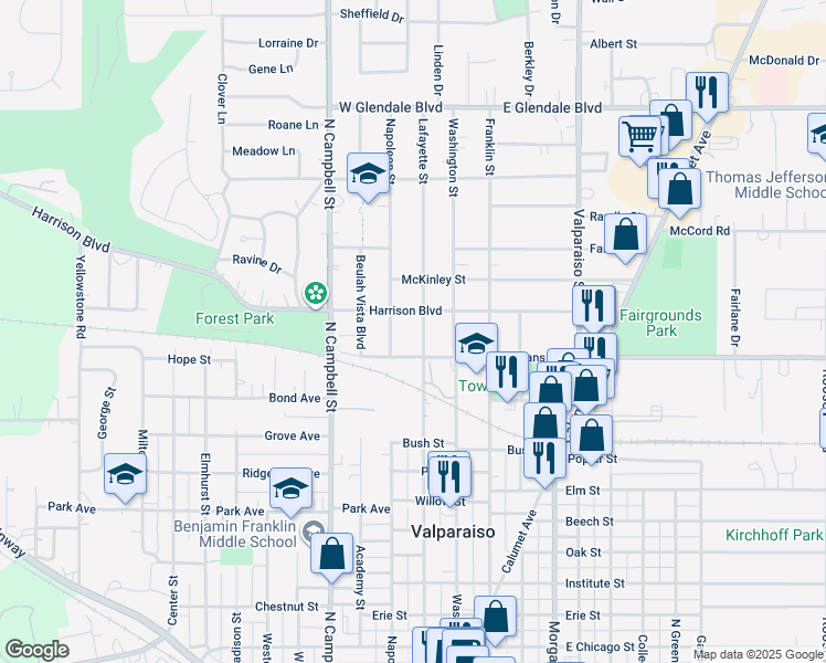 map of restaurants, bars, coffee shops, grocery stores, and more near 154 Harrison Blvd in Valparaiso