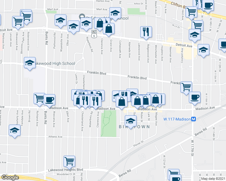 map of restaurants, bars, coffee shops, grocery stores, and more near 1607 Grace Avenue in Lakewood