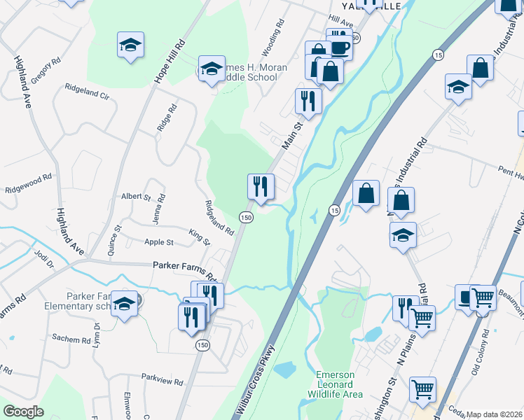 map of restaurants, bars, coffee shops, grocery stores, and more near 206 Main Street in Wallingford