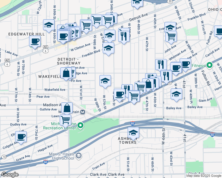 map of restaurants, bars, coffee shops, grocery stores, and more near 1930 West 54th Street in Cleveland