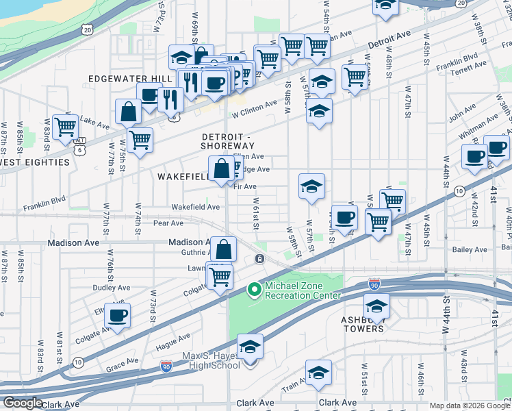 map of restaurants, bars, coffee shops, grocery stores, and more near Wakefield Ave & W 61st St in Cleveland
