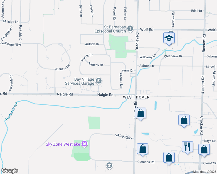 map of restaurants, bars, coffee shops, grocery stores, and more near 624 Walmar Road in Bay Village